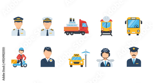 A collection of ten icons representing transportation workers and vehicles