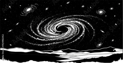 A dramatic spiral galaxy dominates the night sky over a stylized mountainous landscape