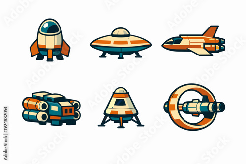 Space vehicles collection illustrating rockets, flying saucers, shuttles, and futuristic transit