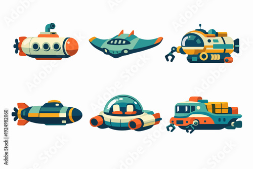 Cartoon exploring submarines and underwater vehicles navigating deep ocean waters
