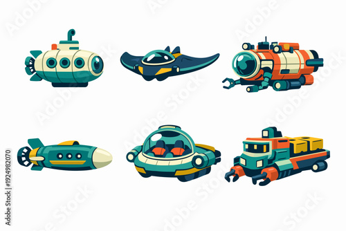 Underwater vehicles set exploring deep sea and ocean floor concept with cartoon design