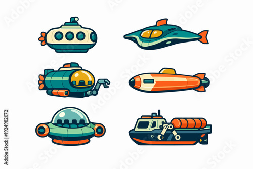 Cartoon submarines and underwater vehicles set for ocean exploration and deep diving