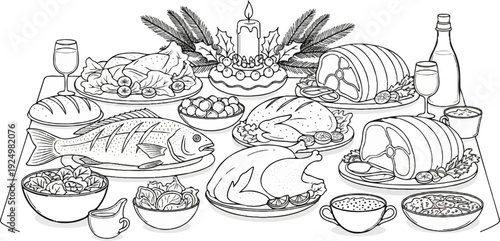 A festive holiday feast with roasted meats, fish, and festive decorations