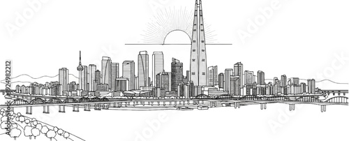 A city skyline with tall modern buildings, bridges, and a sunburst