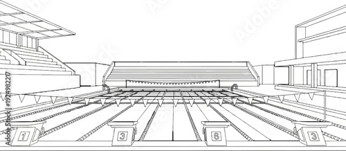A perspective view of an empty swimming pool with starting blocks and grandstands