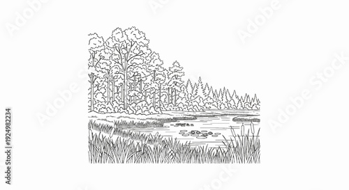 A detailed black and white line drawing of a peaceful wetland ecosystem with trees