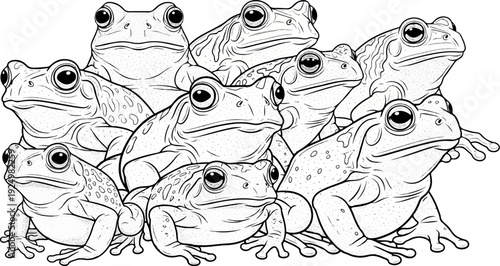 A detailed line art illustration of a pile of frogs, closely clustered together