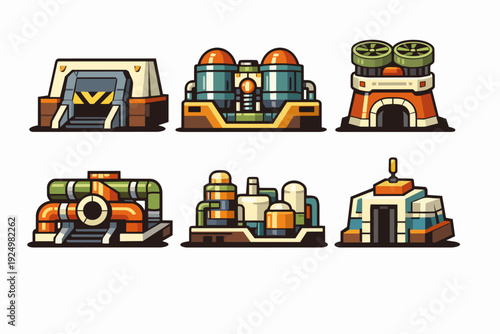 Industrial buildings set for game design, featuring cartoon factories and sci-fi infrastructure