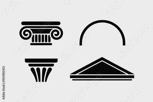 Illustrations of classical architectural elements and a pediment design isolated on white background, Vector, illustration