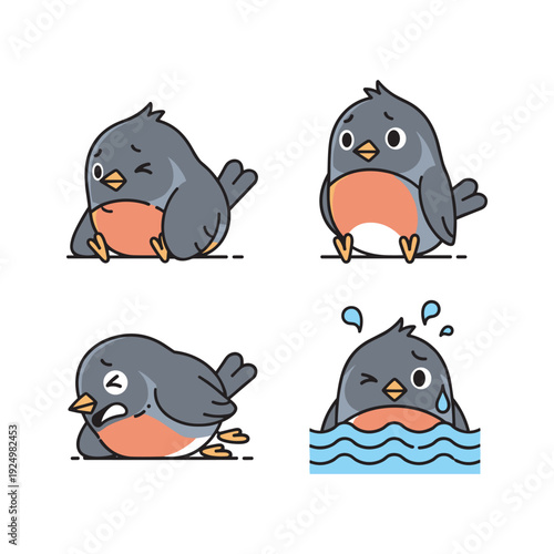 Cartoon bird in different emotional states with water splash