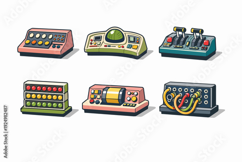 Retro control panels and vintage console elements for technology and science themes
