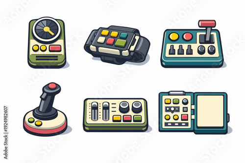 Vintage electronic devices set symbolizing retro technology, old gadgets, and gaming controls