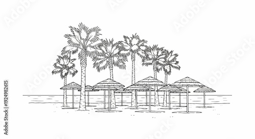 A tropical beach scene featuring palm trees and thatched umbrellas
