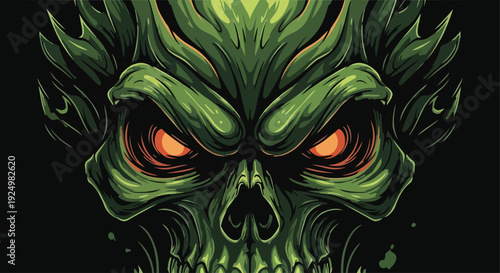 A menacing green skull with glowing orange eyes and twisted facial features is centered against a dark background, viewed from the front.