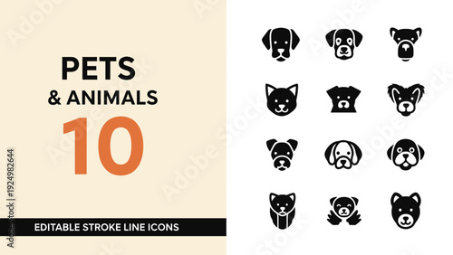 Collection of Editable Stroke Line Icons Representing Pets and Animals.