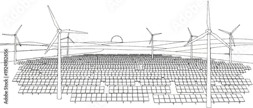 A wide view of a renewable energy farm with solar panels and wind turbines at sunset