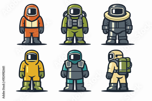 Collection of hazmat, radiation, and safety outfits protecting against danger and disease