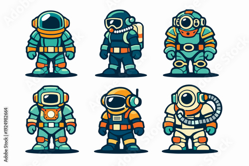 Set of cartoon characters wearing astronaut space suits and deep sea diving gear