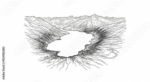 A sweeping aerial view of a serene lake nestled within rugged, forest-covered mountains