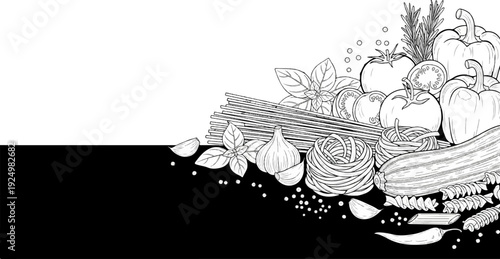 A still life drawing of fresh vegetables and assorted pasta types