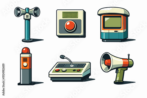 Retro communication and alarm devices, including intercoms, speakers, and a control console