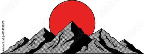 Stylized mountains with a large red sun rising behind them