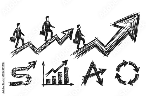 Man Walking Winding Path Upward Arrow Business Strategy Set 8 Chaotic Ink Sketch Long-Term Growth-Corporate Success Forms Vector Set