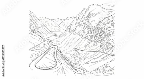 A winding road carves through a dramatic mountain valley with a waterfall