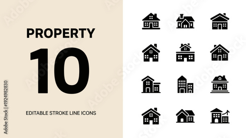 Collection of Ten Editable Stroke Line Icons Representing Property and Homes.