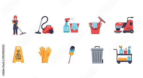 Collection of ten flat design icons representing various cleaning tools and supplies
