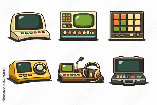 Retro electronics flat style icons set showcasing vintage computing and audio gear