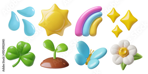 Spring 3d emoji set. Cute minimal weather elements and plant icons - sprout, leaf, flower, butterfly, water drops, rainbow, sun, stars. Vector illustrations isolated on white. 