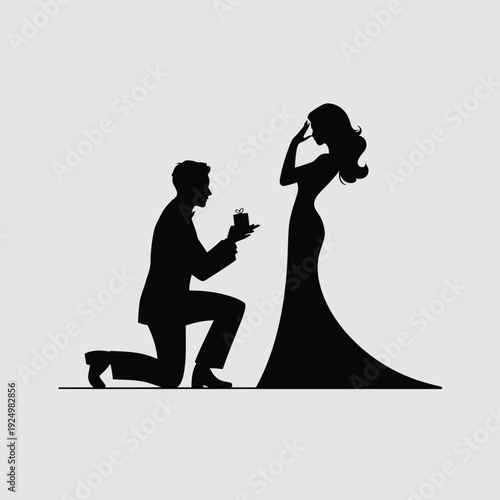 A romantic proposal with a ring under the moonlight silhouette scene isolated on white background, Vector, illustration