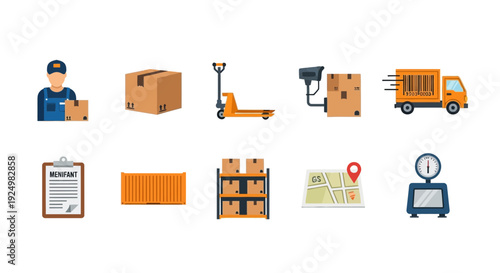 Collection of ten flat design icons related to logistics and shipping operations