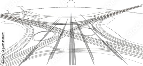 Stylized line drawing of a complex highway interchange with multiple ramps and overpasses