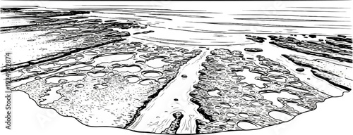 Abstract aerial view of a waterlogged landscape with irregular pools and channels