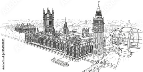 A detailed black and white line drawing of London's iconic landmarks