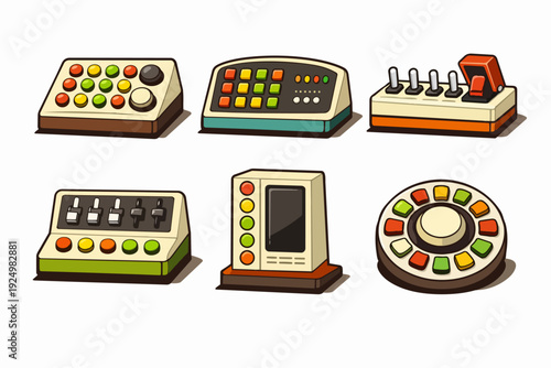 Vintage control panels presenting retro buttons, switches, and game elements illustration