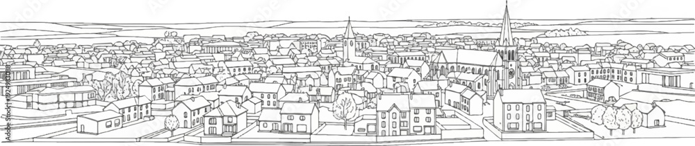 Fototapeta premium A sketched aerial view of a town with a prominent church and many houses