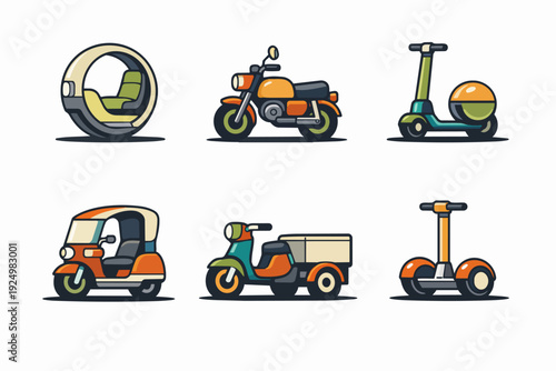 Urban personal transportation vehicles, delivery scooters, and futuristic mobility icons