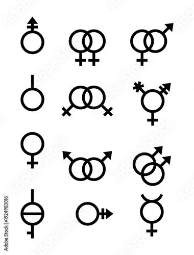 Gender wedlock symbols isolated on black background. Vector male, female, transgender, gay, bisexual and other orientation signs. Set black outline icons. Simple illustration. Sexual concept.