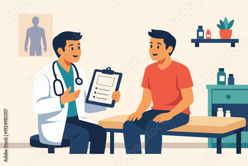 Doctor consulting patient in clinic, discussing medical records and healthcare