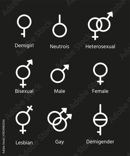 Male, female, transgender, gay and other orientation signs. Gender wedlock symbols. Set outline white icons isolated on black background. Vector illustration. Sexual concept.