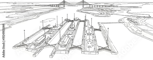Aerial view of a multi-lane canal lock system with a suspension bridge in distance