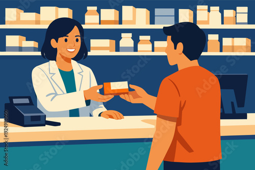 Pharmacist assisting customer, providing medicine for health and wellness