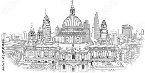 A monochromatic line drawing of a famous European city skyline featuring historic domes and modern skyscrapers