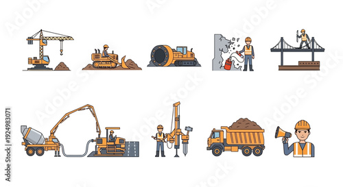 Construction icons featuring heavy machinery workers and site activities