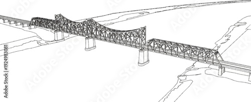 Sketch of a multi-span truss bridge crossing a river with train tracks