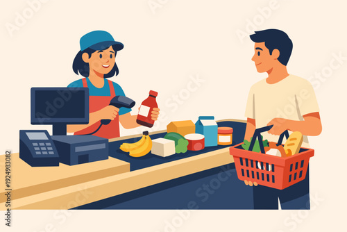 Cashier scanning groceries for customer at supermarket checkout