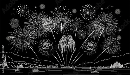 A nighttime fireworks display over a coastal city with boats